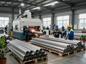 Workers inspecting sumwin stainless steel pipes in an industrial plant.