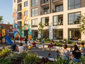 Five88 affordable housing community in San Francisco with residents enjoying outdoor spaces and vibrant architecture.