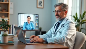 Engaging online urgent care doctor visit with a physician assisting a patient through a virtual consultation.