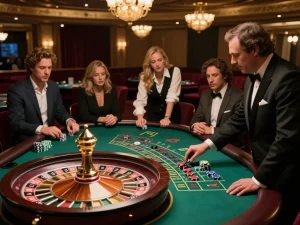 Players eagerly placing bets on TT88 at a stunning roulette table, capturing excitement in a casino setting