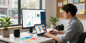 Dynamic e-commerce workspace illustrating the rise of AA88.com with entrepreneur analyzing sales data and vibrant product designs.