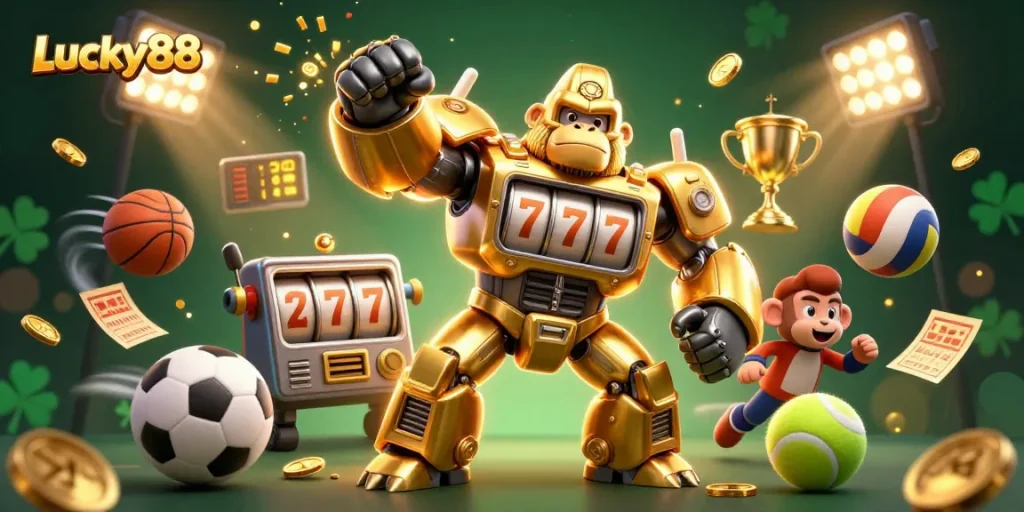Experience exhilarating action with Lucky88 through a vibrant 3D casino-themed illustration featuring dynamic gambling elements.