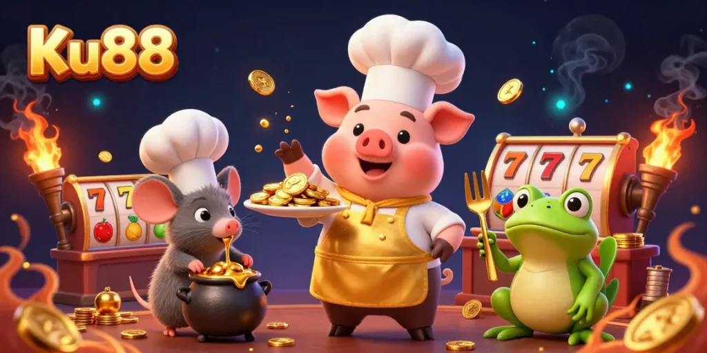 Ku88 slots action with a pig chef presenting gold coins in a vibrant casino scene.