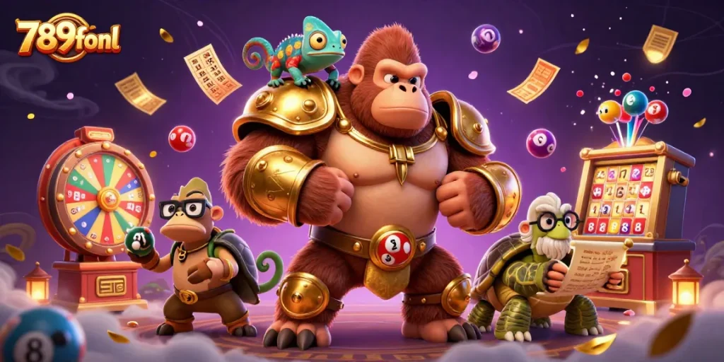 Engage in thrilling gambling at 789fonl with a gorilla king, chameleon companion, and tortoise elder amidst vibrant casino elements.