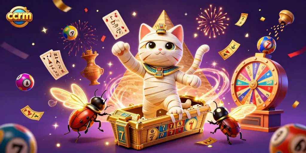 Engage with ccrm's vibrant casino adventure featuring a mummy cat and gaming elements.